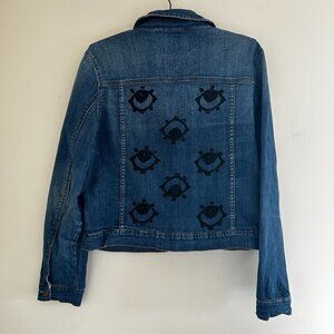 Denim&Co Jean Jacket Graphic Eye Print Black Blue Medium Wash Cotton Size 8